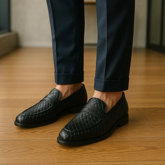Men’s Vinci Black Woven Leather Loafers Slip-On Dress Shoes Size 39 (6-6.5) main image 7